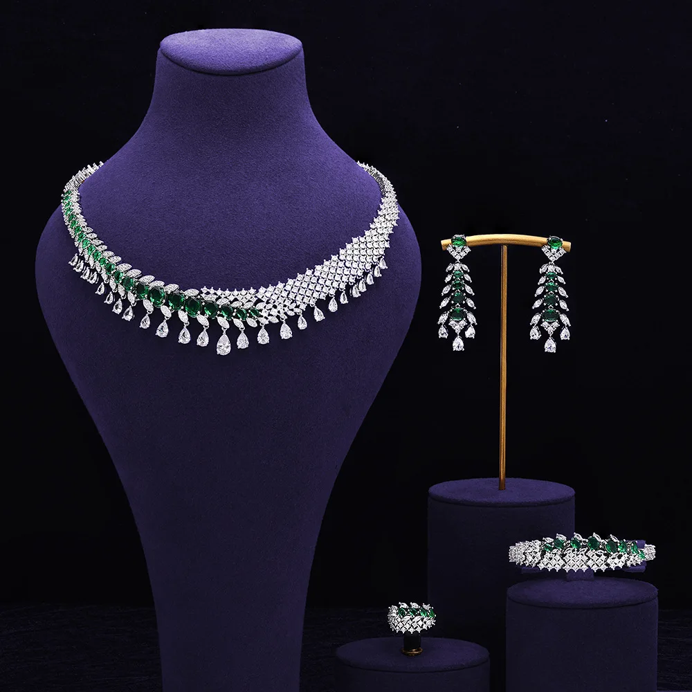 Luxury Crystal Tassel Statement AAA Cubic Zirconia Necklace Earrings Ring Bracelet For Women Bridal Wedding Jewelry Set Gifts
