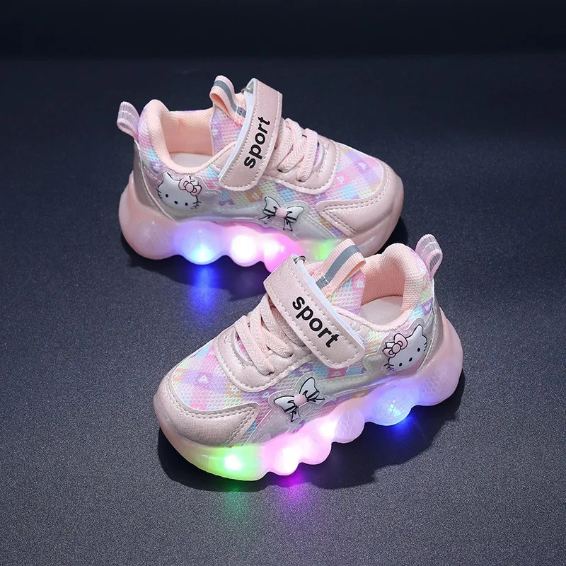 Cute Hello Kitty Casual Shoes for Baby Girl Children Led Light Sneakers Kids Shoes Toddler Walking Shoes Kids Anti-slip Shoes