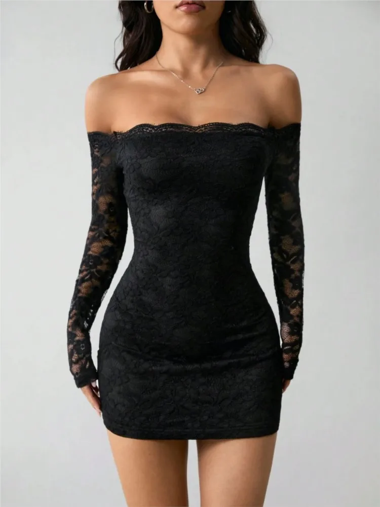

Dresses 2025 Woman Lace One-length Neck Long-sleeved Slim Dress Temperament Elegant Intellect Casual Vestidos Off Shoulder Sexy
