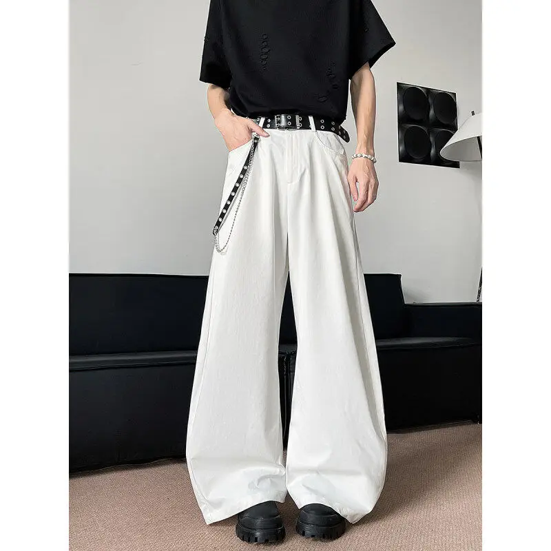 

Cleanfit White Pleated Arc Blade Pants Men's Casual Loose Wide Leg Long Trousers American Faion Simple Match Daily Wear
