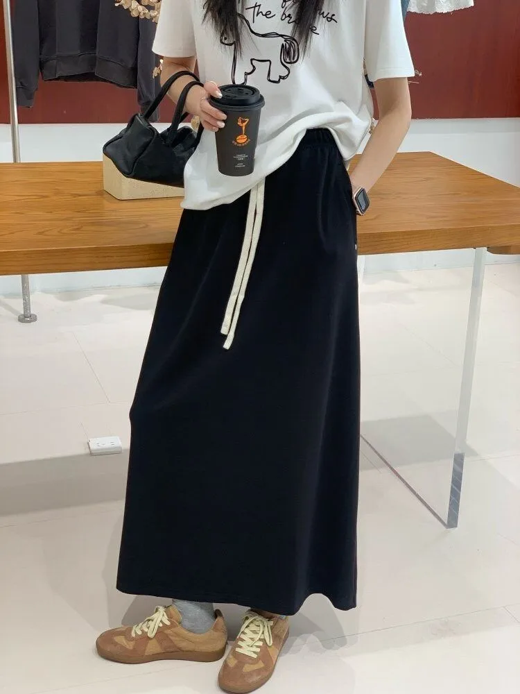 

Feita High Waist Casual High Elastic Mid-Length Half Skirt Drawstring Back Slit A-Line Skirt Polyester Viscose Spandex Blend