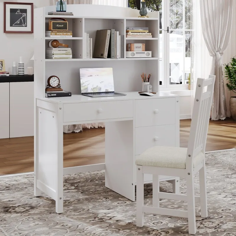 White wooden computer desk with shelves and drawers  home office study desk with chair modern laptop workstation