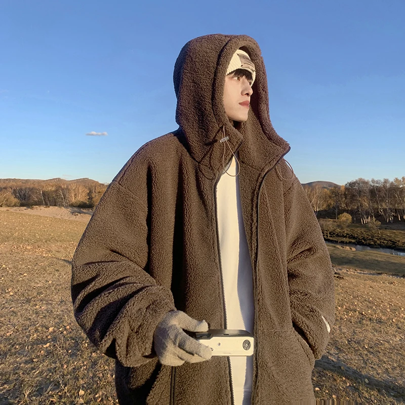 

Мужская зимняя куртка из овечьей шерсти средней длины, утепленная, теплая, хлопковая, молодежная, модная, повседневная, на молнии, с капюшоном