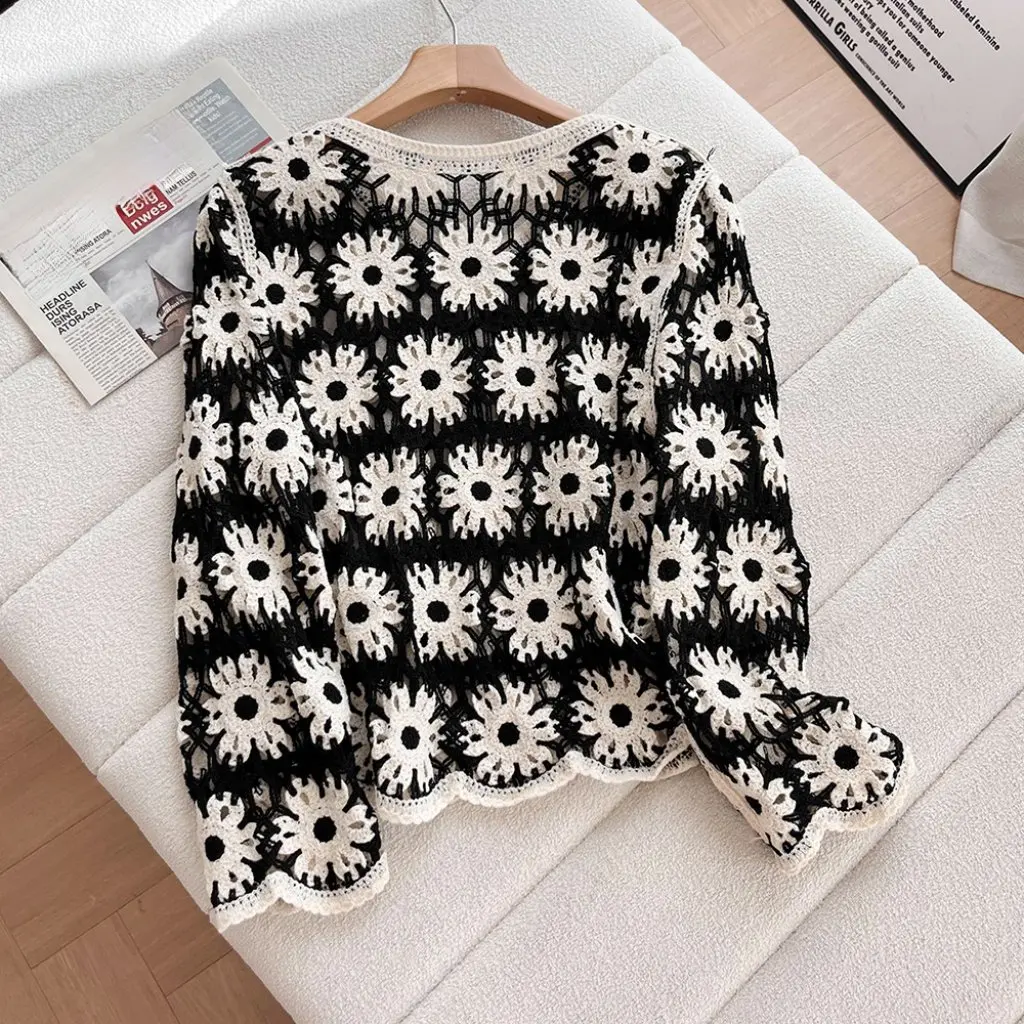 

00SY-774 Women's Hollow Sweater Retro Contrast Color Flower Pullover European American Style Autumn New Wholesale