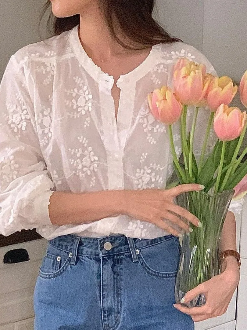

Ele Spring Long Sve Embroidered Floral Casual Stand Collar Loose Fit Women's irt Versatile Street Sle Loose pe