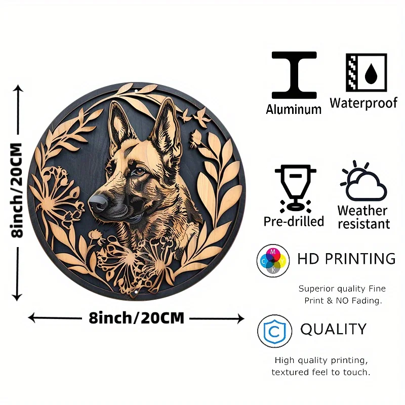German Shepherd Aluminum Metal Wall Sign, Round Decorative Wreath with Dog Image, Door Hanger, Home Art Decor