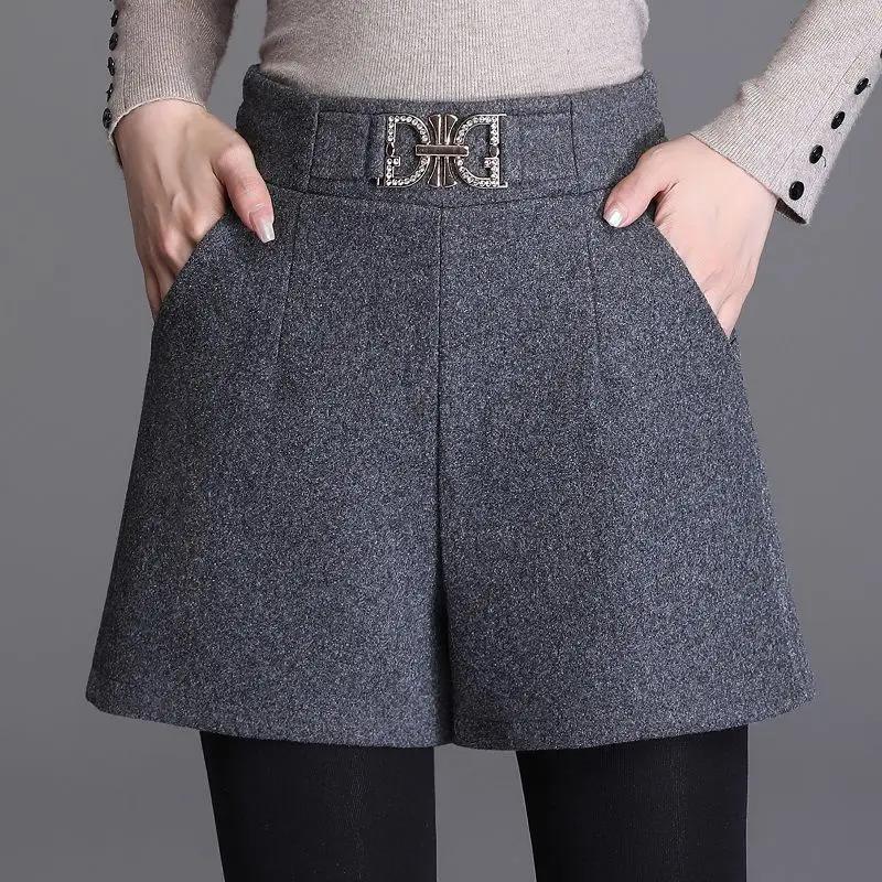 

Temperamen Fashion Autumn New Woolen Women Pockets Korean Casual Elastic High Waist Loose Straight A-line Wide Leg Suit Shorts