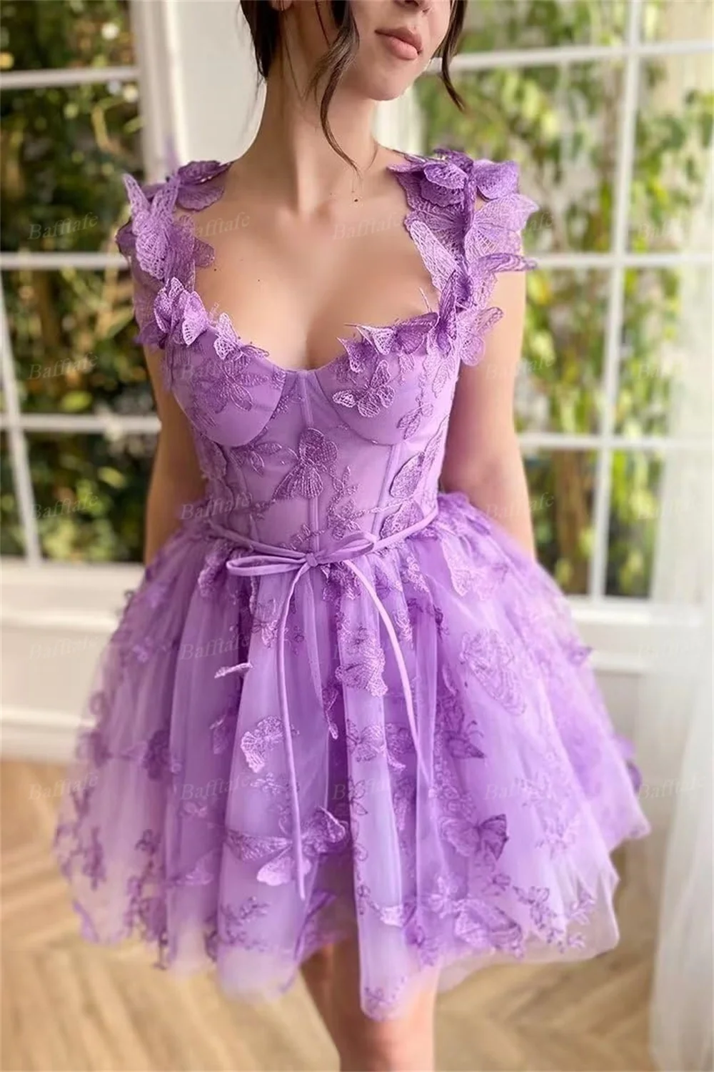 Bafftafe Fairy Purple A Line Short Homecoming Dresses Floral Embroidery Prom Gowns Straps Lace Up Customized Formal Party Gowns