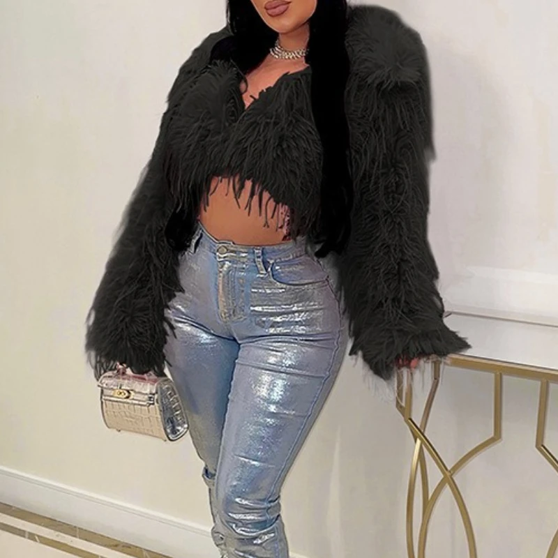 معطف الشتاء امرأة اقتصاص فو الفراء ملابس خارجية طويلة الأكمام الفراء سترة النساء Y2K الملابس مثير القمم سترات جديدة 2025 #2