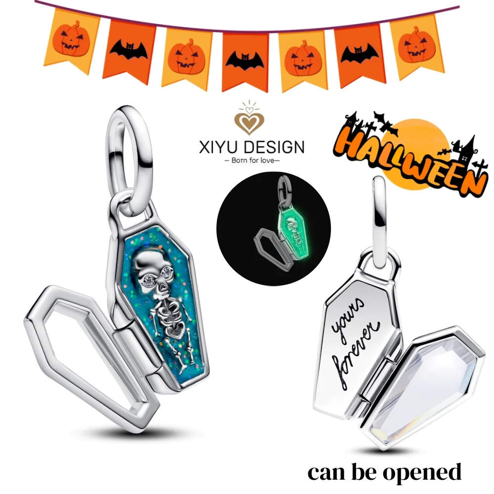 

2025 New Halloween 925 Sterling Silver Openable Luminous Skull Coffin Charm Pendant Fit DIY Original Bracelet Women Jewelry Gift