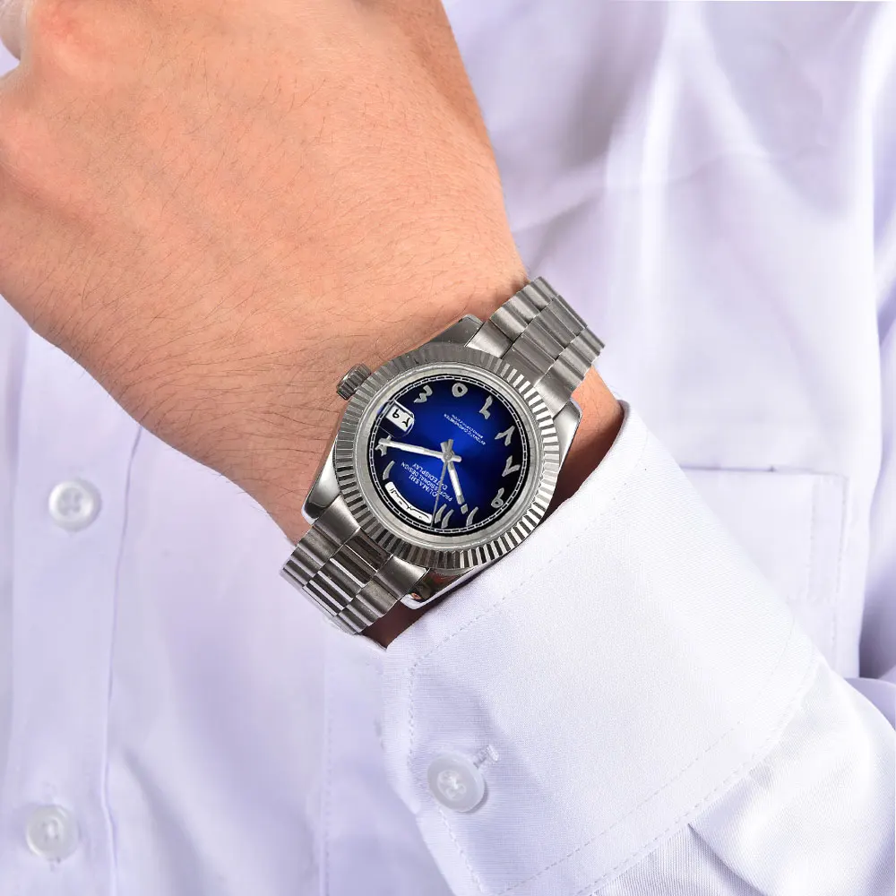 40mm relógio masculino miyota8285 movimento automático relógio mecânico vidro de safira mostrador árabe relógio de pulso resistente à água