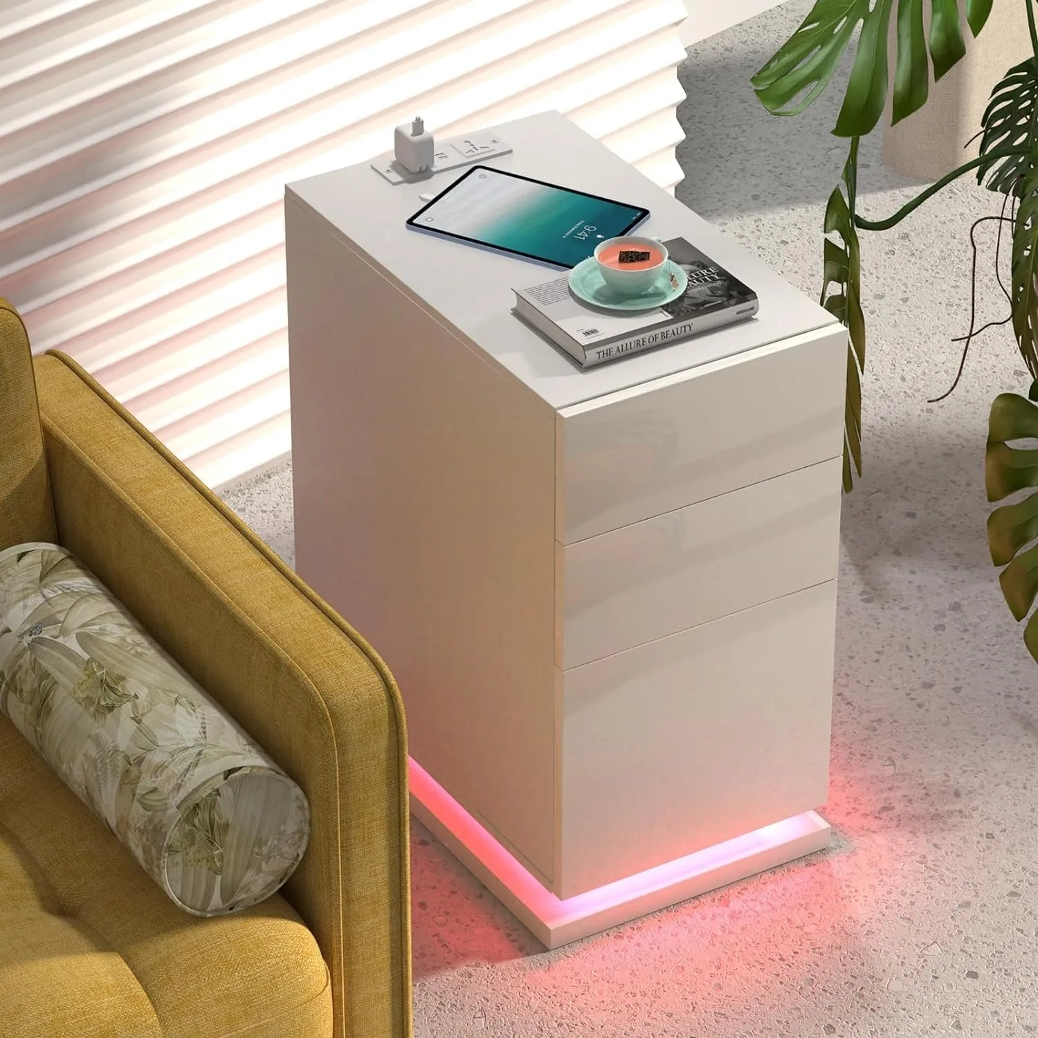 Bedside Table with 3 Drawers Bedside Cabinet Light Wood Bedside Table Charging Station 2AC/2USB Narrow Drawer Cabinet LED Side