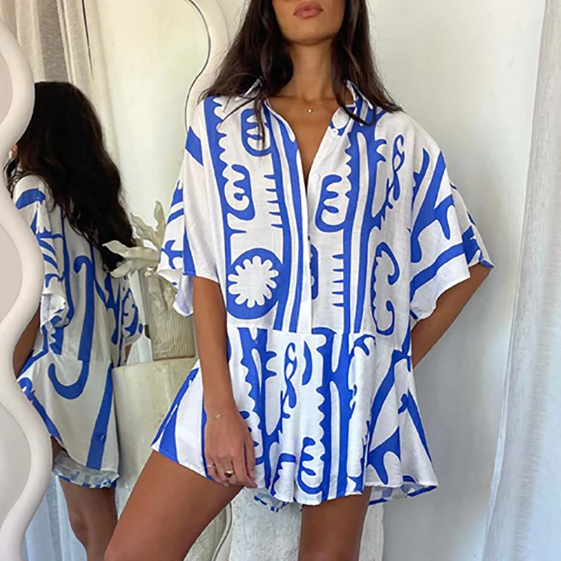 

Female Lapel Button Loose Playsuits 2024 Summer Pattern Printed Casual Beach Romper Fashion Streetwear Short Sleeved Jumpsuits