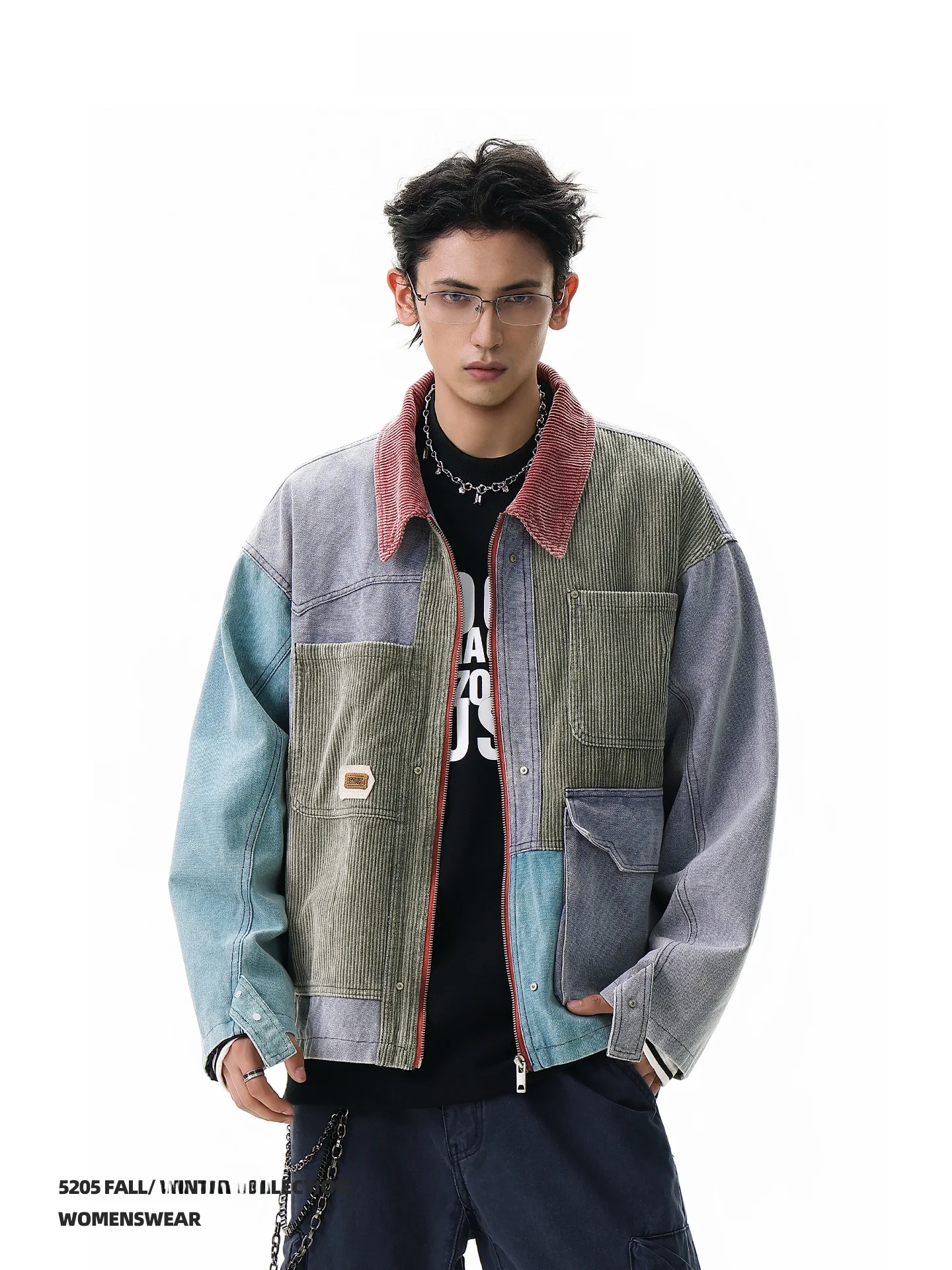 

ACRARDIC Vintage Waed Work Jaet Men's Autumn Trendy Patchwork Collar Workwear Outerwear Street Sle Long Sve Zipper