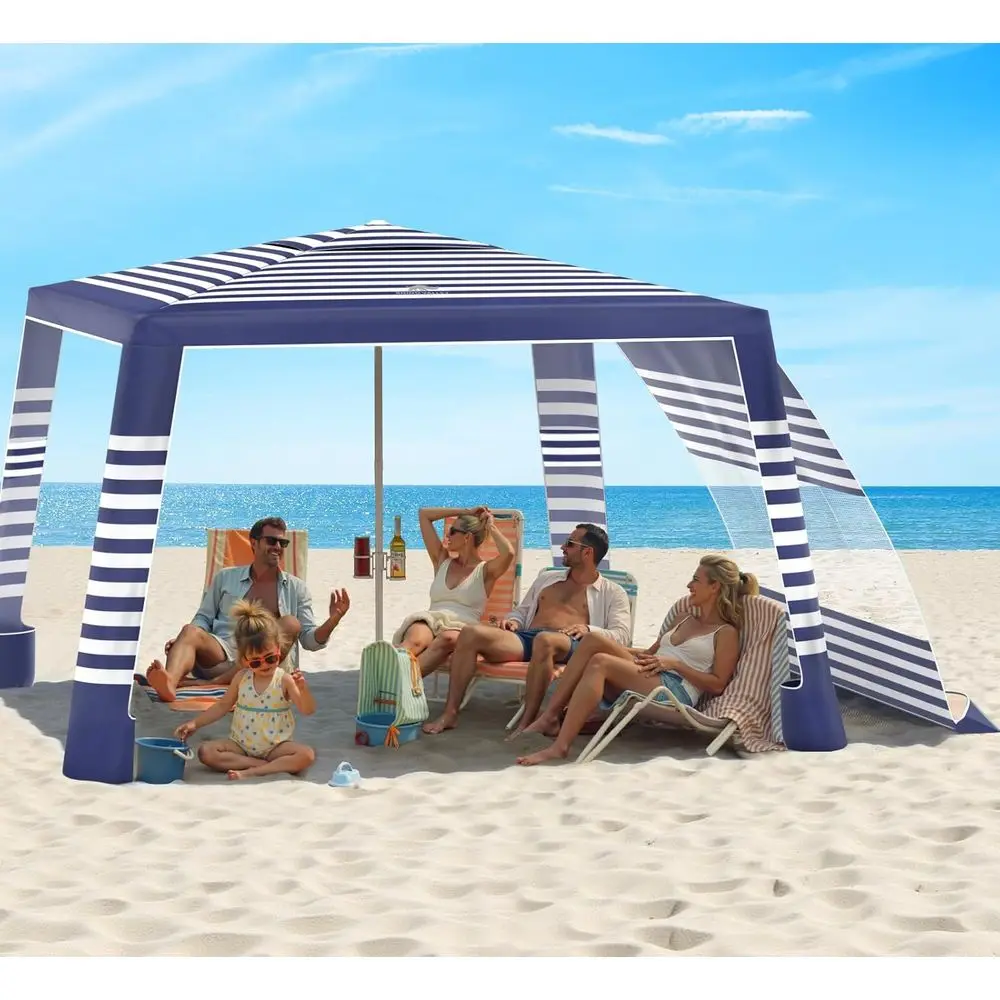 

Compact 8x8ft UV50+ Beach Tent, Easy Setup, Wind Resistant, Cup Holder, Striped Sun Shelter