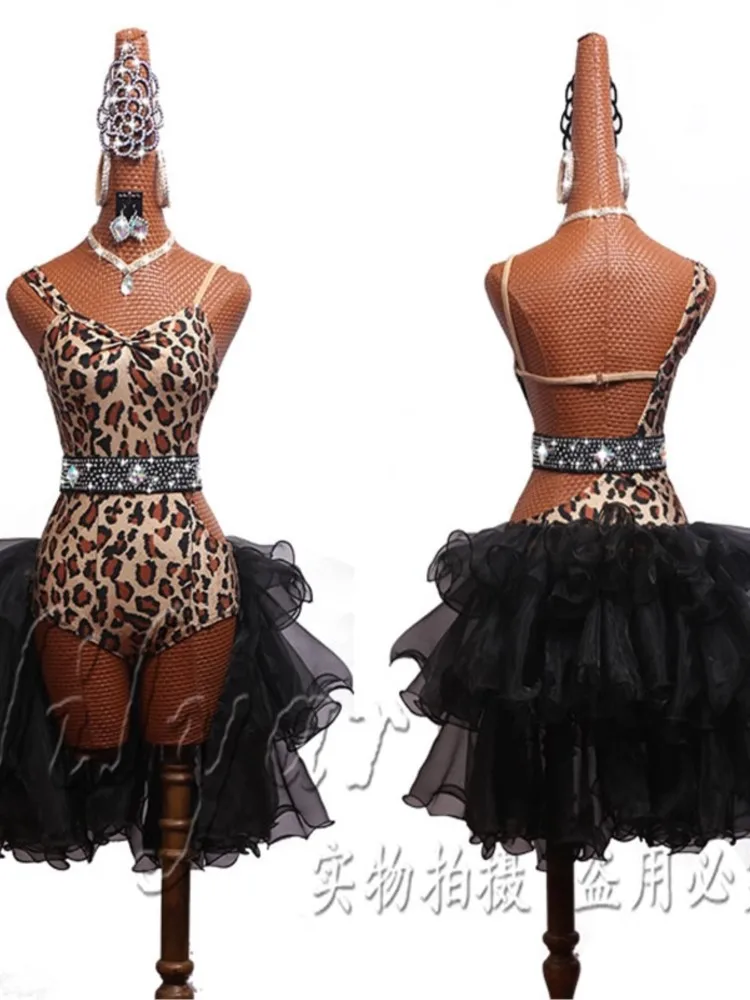 

New Latin Dance Competition Leopard Print Performance Costume SALSA Dress Jumpsuit Pleated Skirt Hem Customization