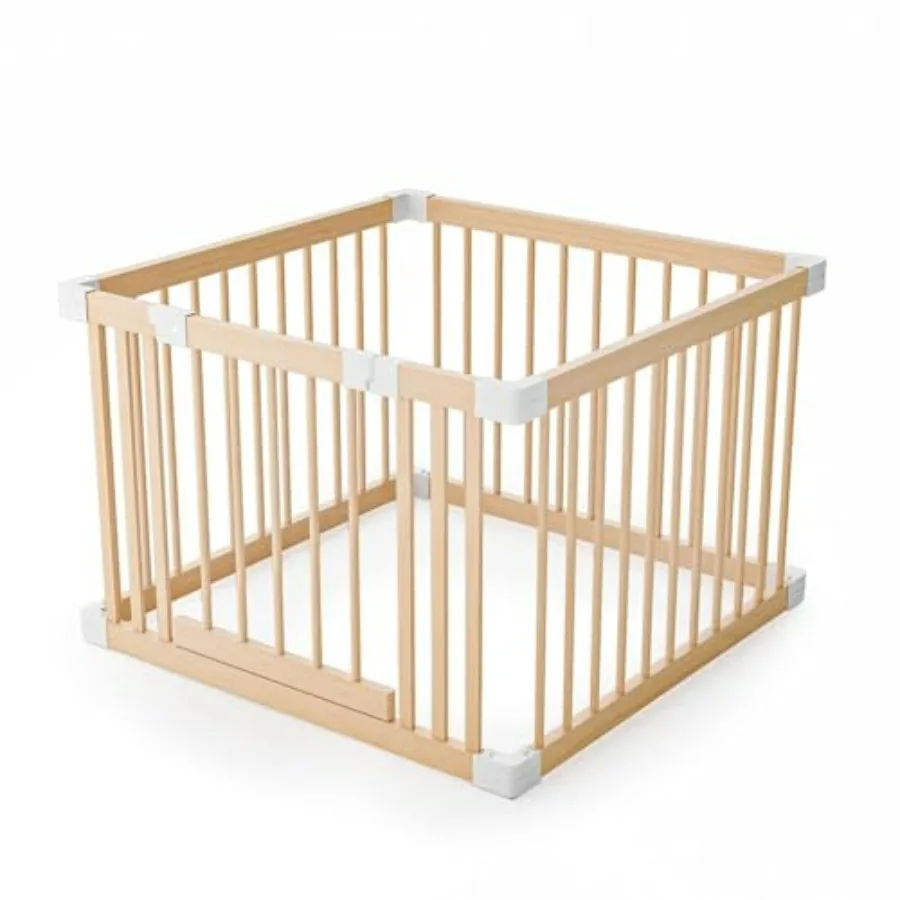 

Wooden Baby Playpen with Gate for Toddlers 6-36 Months 90x90cm Activity Center with Child Proof Lock Safe Play Yard in Natural