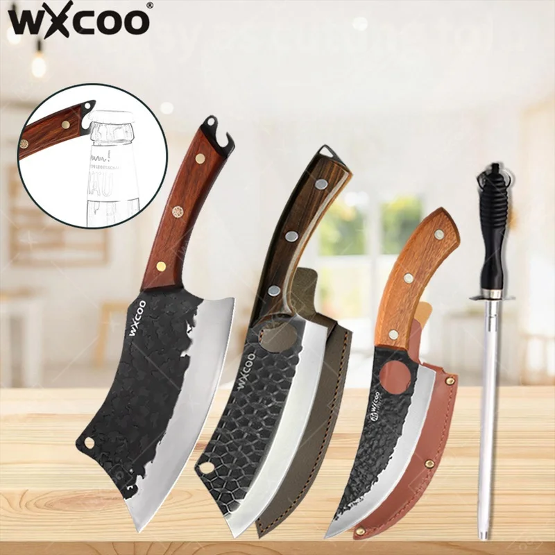 WXCOO Edelstahl Ausbeinmesser Fleischmesser Küchenmesser Fischmesser Metzgermesser mit Holzgriff Handgeschmiedetes Hackmesser