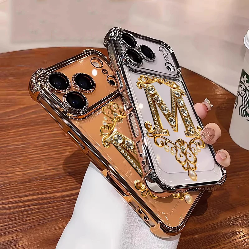 Diamond Golden letter M Plating Phone Case For Xiaomi 15T 15 14 13 Poco M7 F7 F4 F5 X7 X6 X5 X3 Pro Ultra 4G 5G Anti Fall Airbag