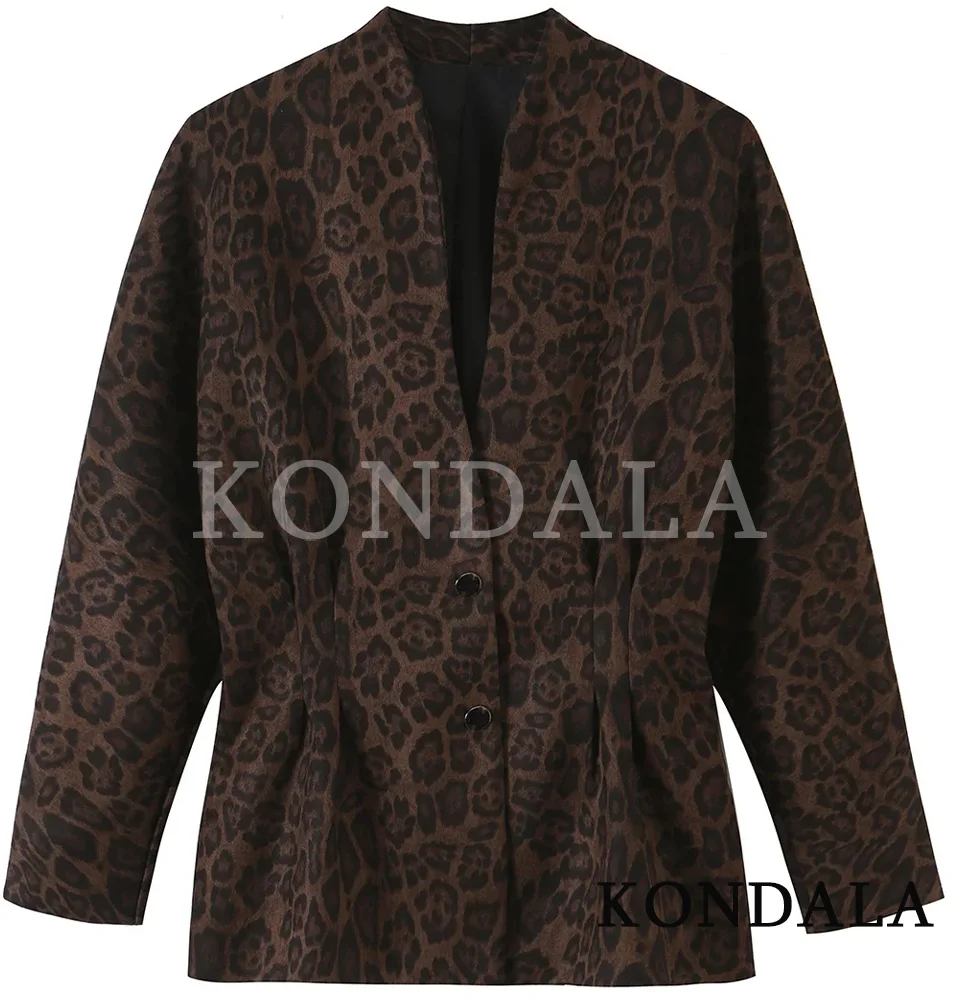 KONDALA Women Trendy Vintage Leopard Blazer V-Neck Single Breasted  Blazer New Fashion 2026 Early Fall Party Commute Lady Blazer