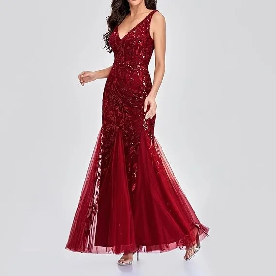 

Ladies Fashion Sequined V-neck Celebrity Dress Sleeveless Long Formal Evening Skirt Bridesmaid Dress Coming of Age Ceremony