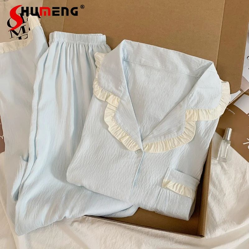 

Blue Lace Cotton Silk Pajamas for Women New Spring Autumn Simple Long Sleeve Sleep Set Female Long Pants Homewear Suits