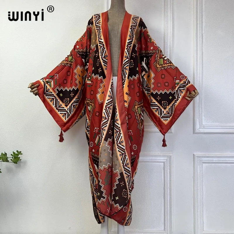 WINYI lato 2024 drukuj okrycie plażowe strój kąpielowy eleganckie afrykańskie kobiety boho kardigan seksowna wakacyjna sukienka Kimono maxi z długim rękawem