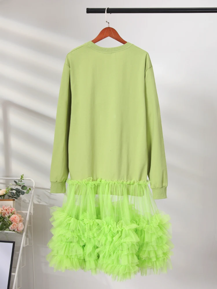 [EWQ] Women Mesh Spliced Green Sweatshirt Dress Elegant Long Sleeve Big Size O-neck Vestidos Winter 2024 Autumn Length 127 CM