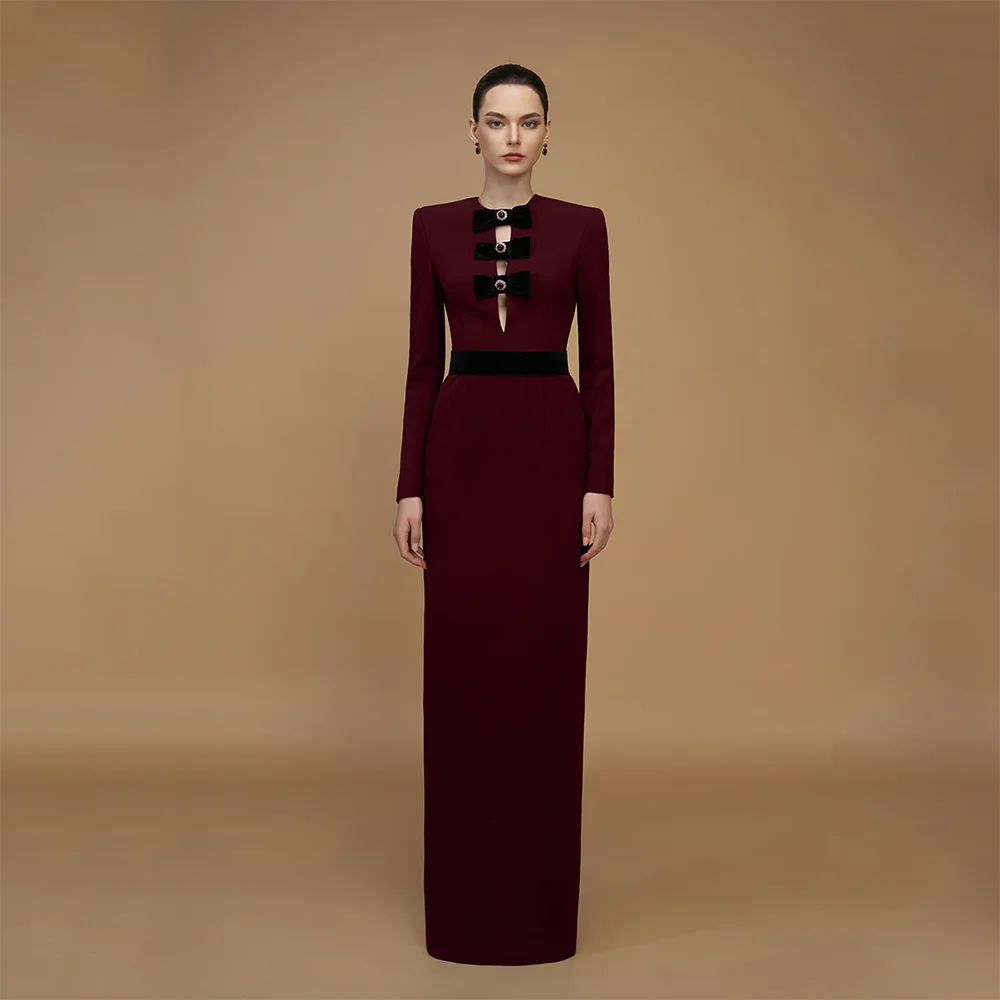 

Retro Red Straight Floor Lenght Evenign Dresses Customized O-neck Long Sleeves Prom Gowns with Bow Crystal Celebrity Dresses