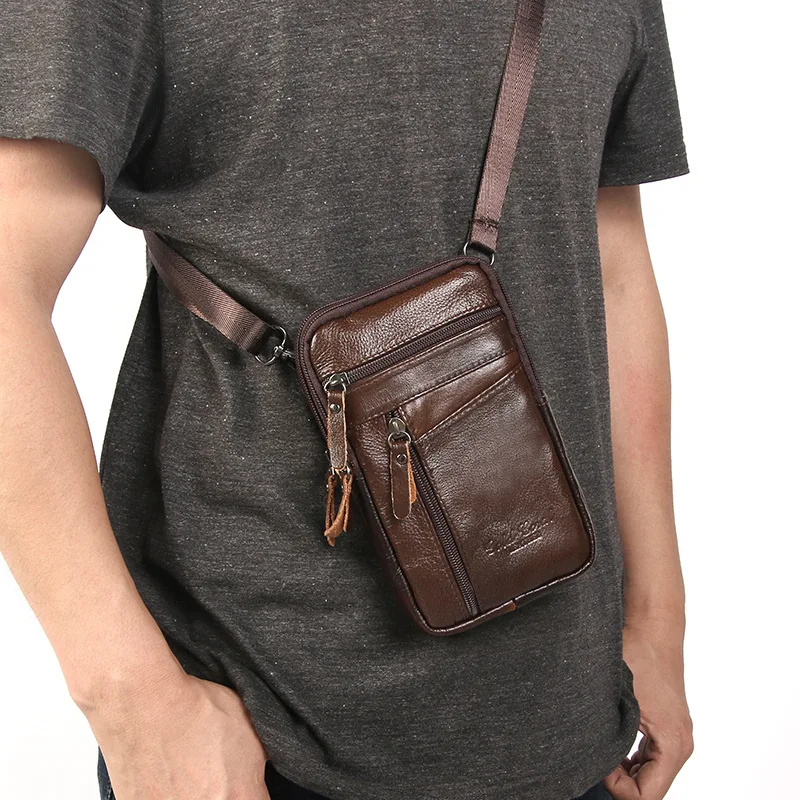 Vintage genuine leather men\'s waist pack fashion mobile phone bag business belt pouch cowhide shoulder messenger bag