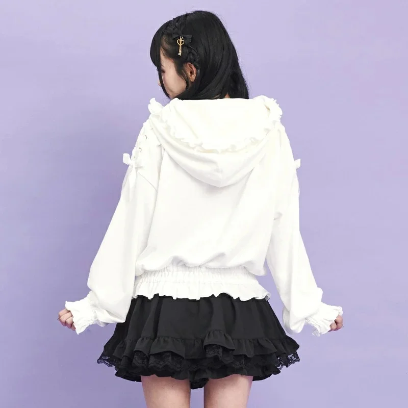 Japanese Style Sweet Casual Cute Cartoon Cat Print Bow Long Sleeve Ruffles Patchwork Casual Hoodies Sweatshirts Top Women Autumn