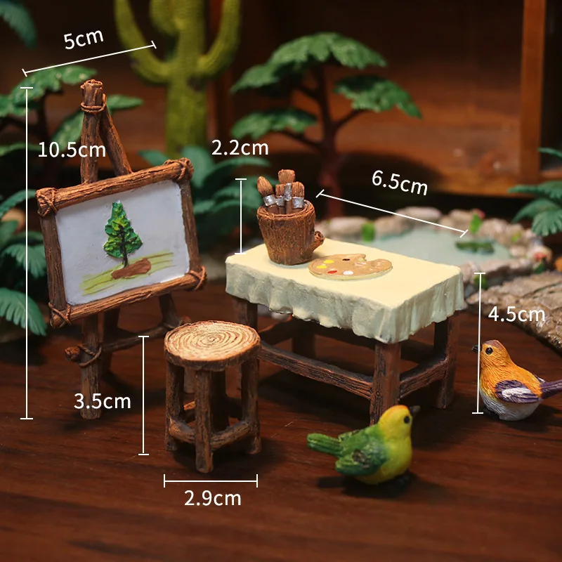 Miniature Secret Garden Decor Set, Resin Owl Swing & Artist Easel Figurines, Fairy Garden Diorama Props for Aquarium Landscaping