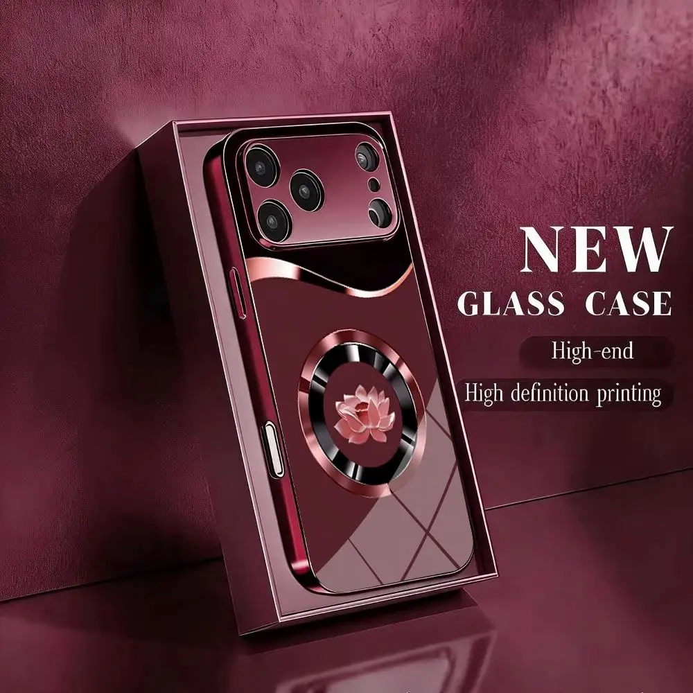 Luxury Wine Red Plating Tempered Glass Phone Case For iPhone 18 17 16 15 Lotus Flower Pattern Shockproof Protective Cover Fundas