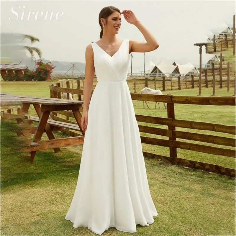 

Simple A-Line Wedding Dress Women 2024 White V-Neck Spaghetti Strap Chiffon Lace Applique Backless Bridal Gown Vestidos De Novia