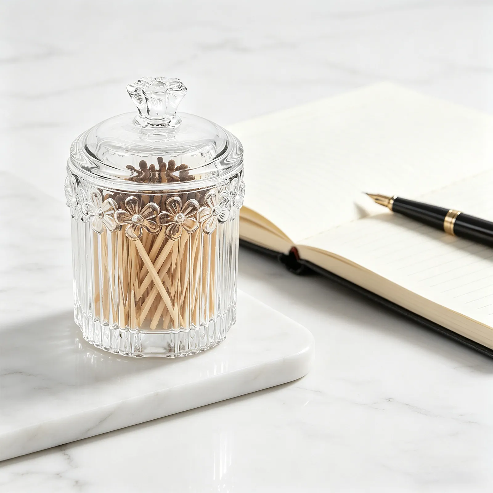 2Pcs Embossed Glass Storage Jar Airtight Lid Decorative Clear Container Kitchen Countertop Matchstick Holder Vintage Pattern
