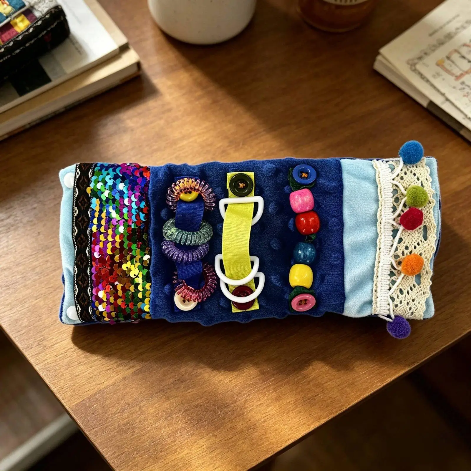 Plush Sensory Pillow Cover with Sequins and Ribbons for Special Needs Adults Calming Arm Rest Pad for Anxiety and Stress Relief