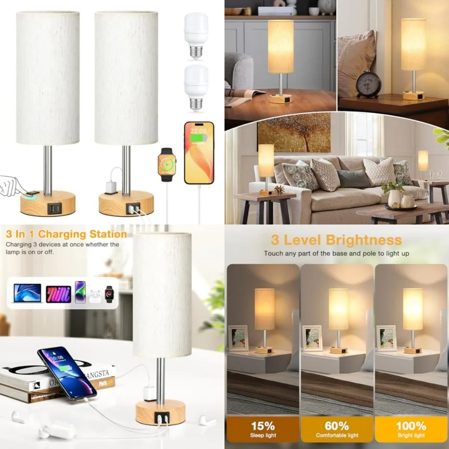 

Touch Bedside Table Lamps Set - 3 Way Dimmable Bedroom Lamps Set of 2 with USB C and A Ports, Small Lamps for Nightstand with A