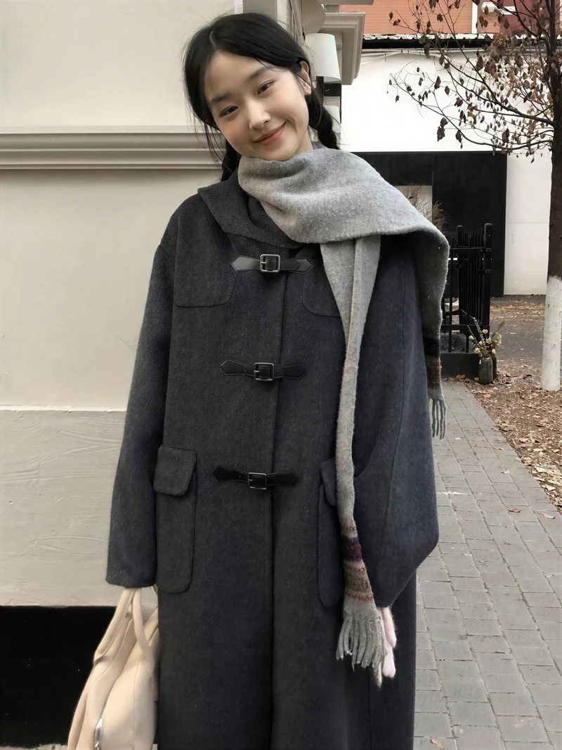 

Шерстяные пальто, женское шерстяное пальто, элегантное женское зимнее пальто из полиэстера с цветными блоками на пуговицах, съемное, регулируемое, с двусторонней отделкой