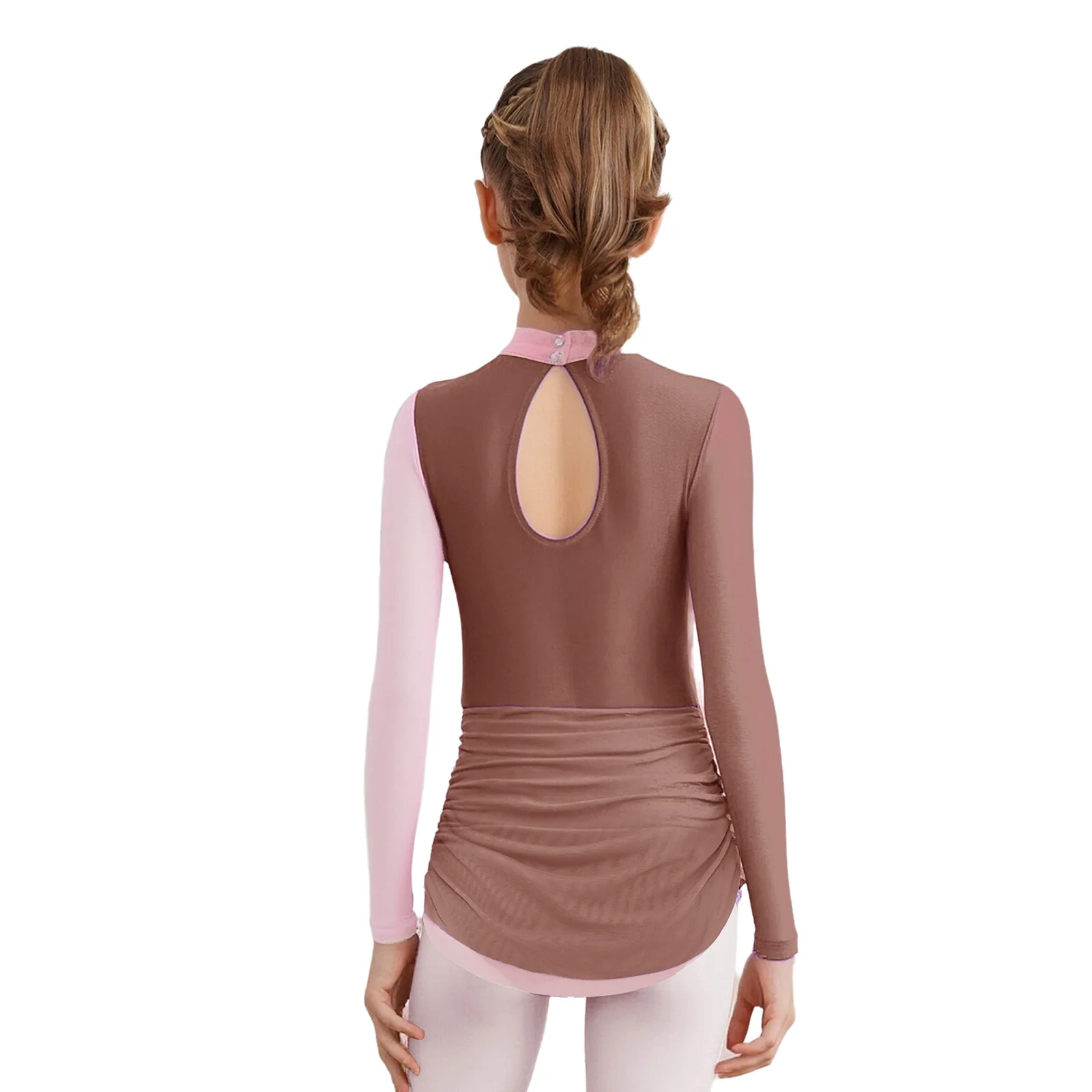 Vestido de baile de malla transparente para niñas, vestido de patinaje artístico fruncido con cuello simulado y mangas largas, diamantes de imitación brillantes y delicados