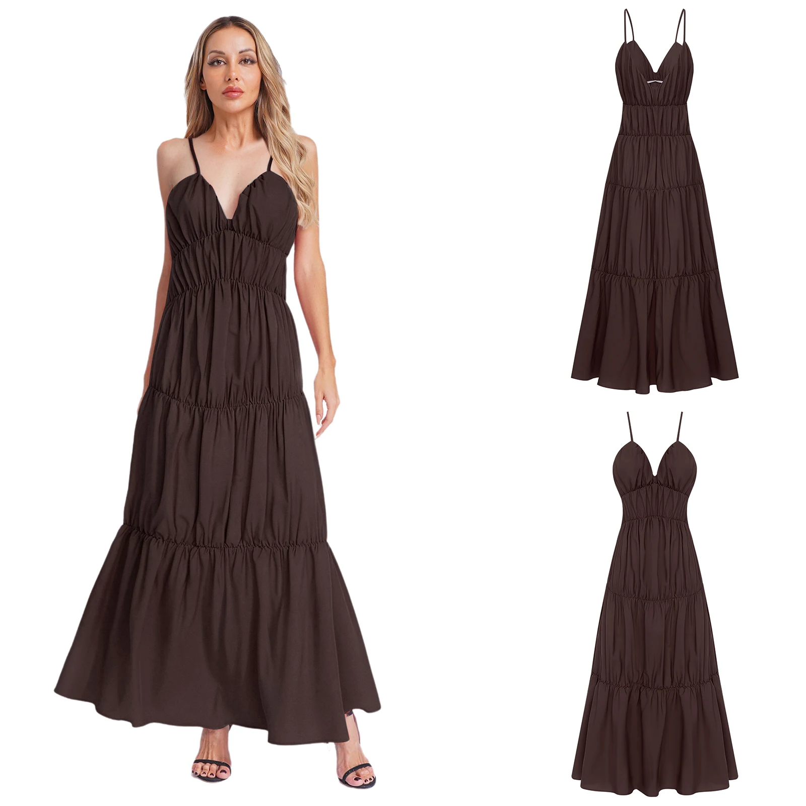 Women Tiered Ruched Sling Maxi Dress V Neck Backless Loose Long Dress Bohemian Solid Color Cami Dress for Beach Vacation Parties