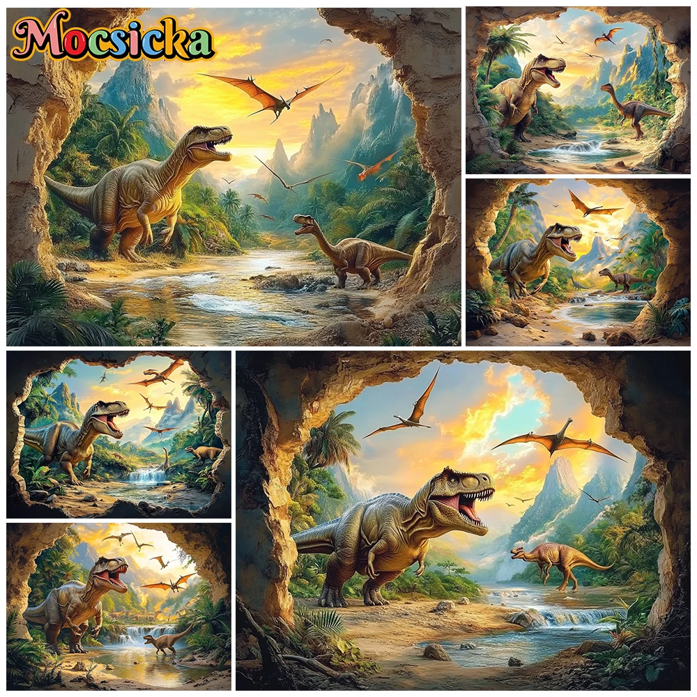 Mocsicka Dinosaur Photography Backdrop Prehistoric Cave View T-Rex Pterodactyls Kids Birthday Party Background Studio Photoshoot