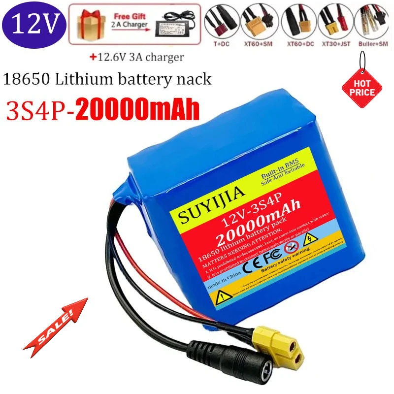 

12V 3S4P Fishing Battery 20Ah Portable 12V Battery Rechargeable Lithium Ion Battery Pack Capacity DC 12.6v Cam Monitor+Charger