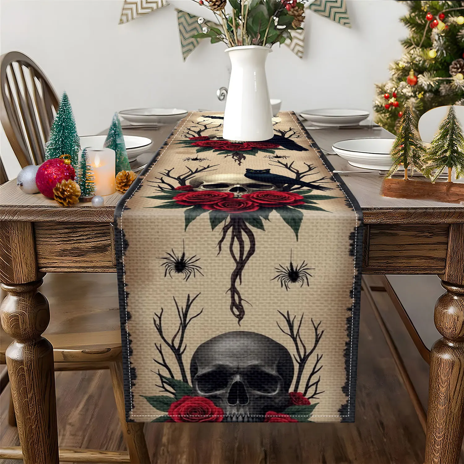 قطعة واحدة من مفرش الطاولة على الطراز القوطي الداكن، تتميز الجماجم القصيفة والورود الحمراء والعناكب، ومناسب لحفلات الحدائق وبيوت الضيوف على الطراز الريفي وفراغات الشاي الفنية وأكشاك السوق المصنوعة يدويًا #2