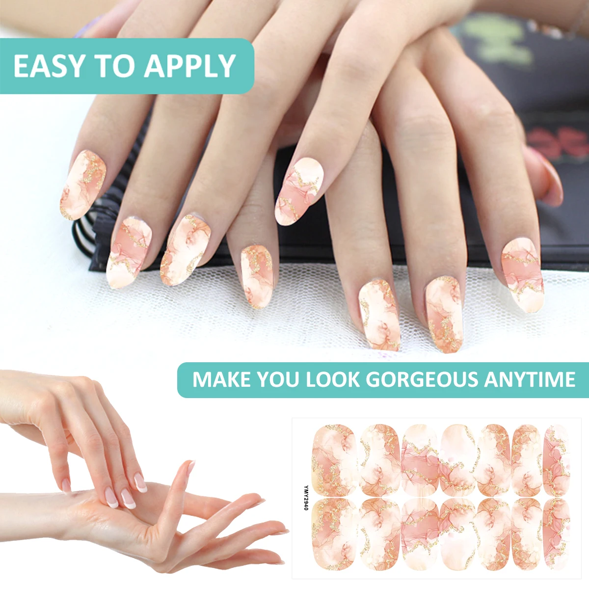 สติกเกอร์ติดเล็บแบบเต็มแผ่น 10/12 แผ่น สติกเกอร์เจลทาเล็บแบบมีกาวในตัว พร้อมตะไบเล็บ สำหรับตกแต่งเล็บแบบ DIY