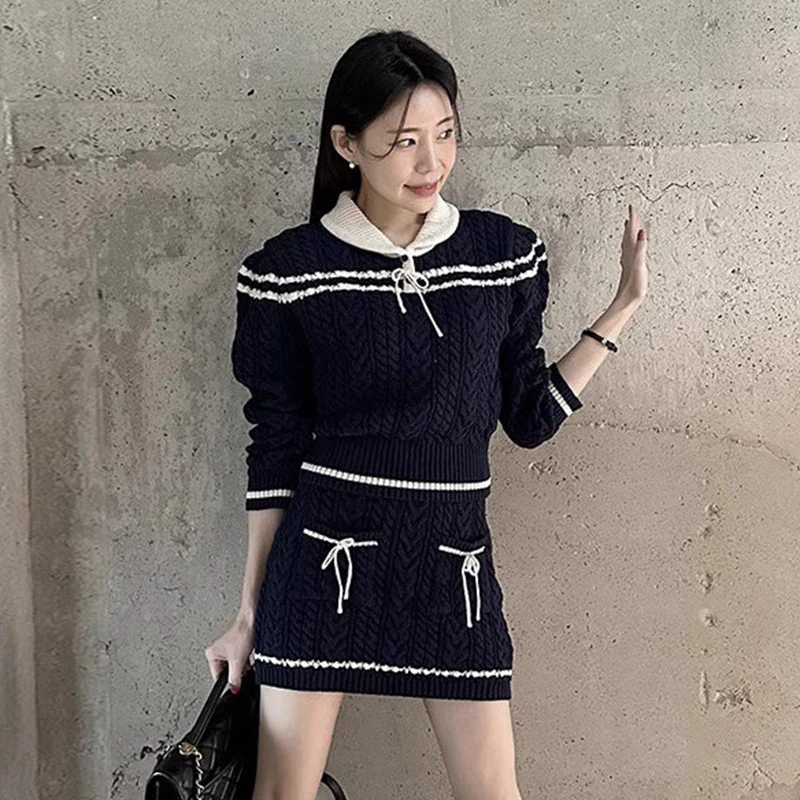 Gagarich Korean Woman Chic Autumn Retro Contrast Color Long Sleeve Fried Dough Twists Knitwear Hip Wrap Skirt 2 Piece Set