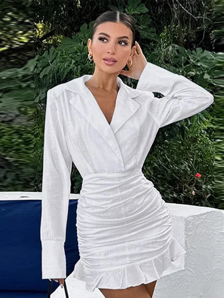 Deep V Neck Ruffled Women Dresses Knotted Ruched High Waist Pleated Short Dress Lady 2025 Chic Long Sleeve Bodycon Mini Vestidos