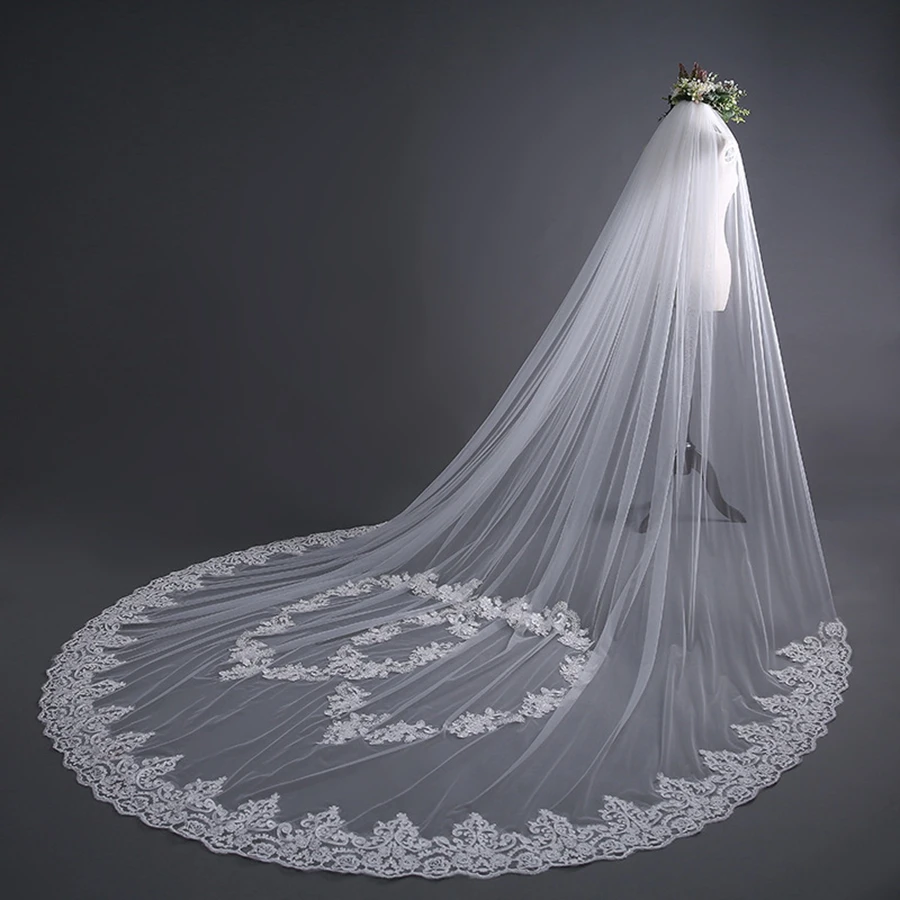 

New Arrival White Ivory Cathedral Wedding Veils Lace Appliques Bride Wedding accessories Velo de novias Bridal Veil