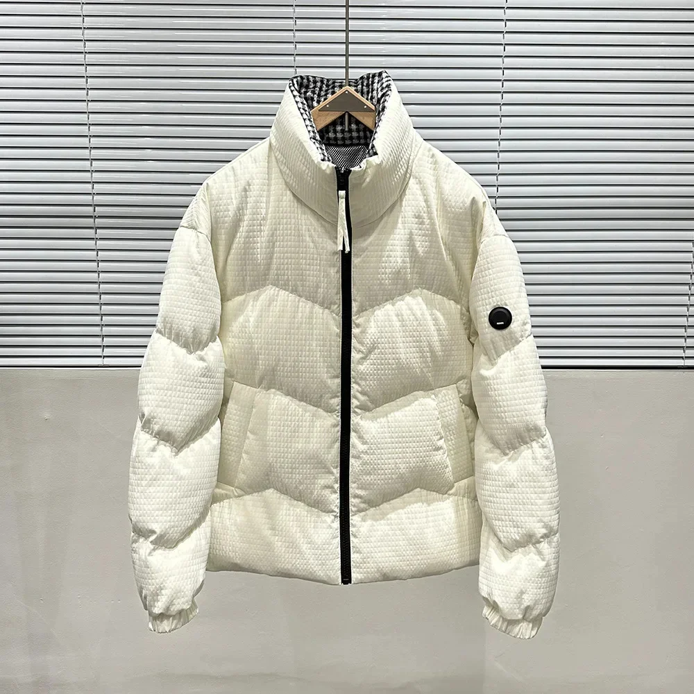 

New Fashion Small Plaid Stand-up Neck White Duck Down Jacket Men's Heat Storage Warm Lining Coat Men Black and