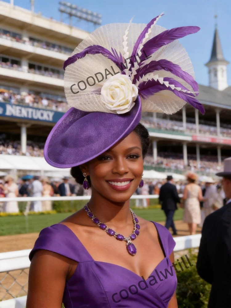 Women Elegant Imitation Sinamay Fascinator Hat, Royal Ascot Tea Party Wedding Headpiece With Feather Flower Hair Accessories view 4
