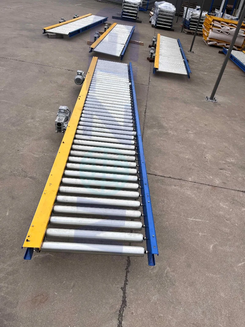 Factory-powered gravity roller conveyor for loading upload trucks to warehouses